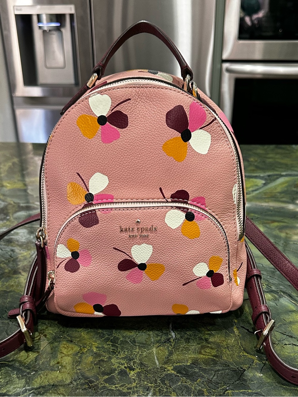 KATE SPADE NEW YORK Jackson Medium Pink floral Print Backpack with burgundy trim